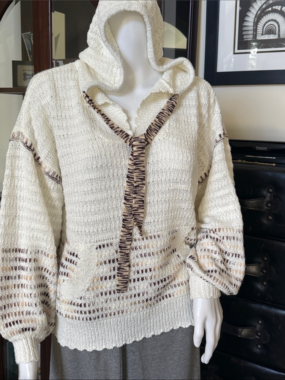 Democracy Cream Hooded Open-Knit Pullover with Brown Trim